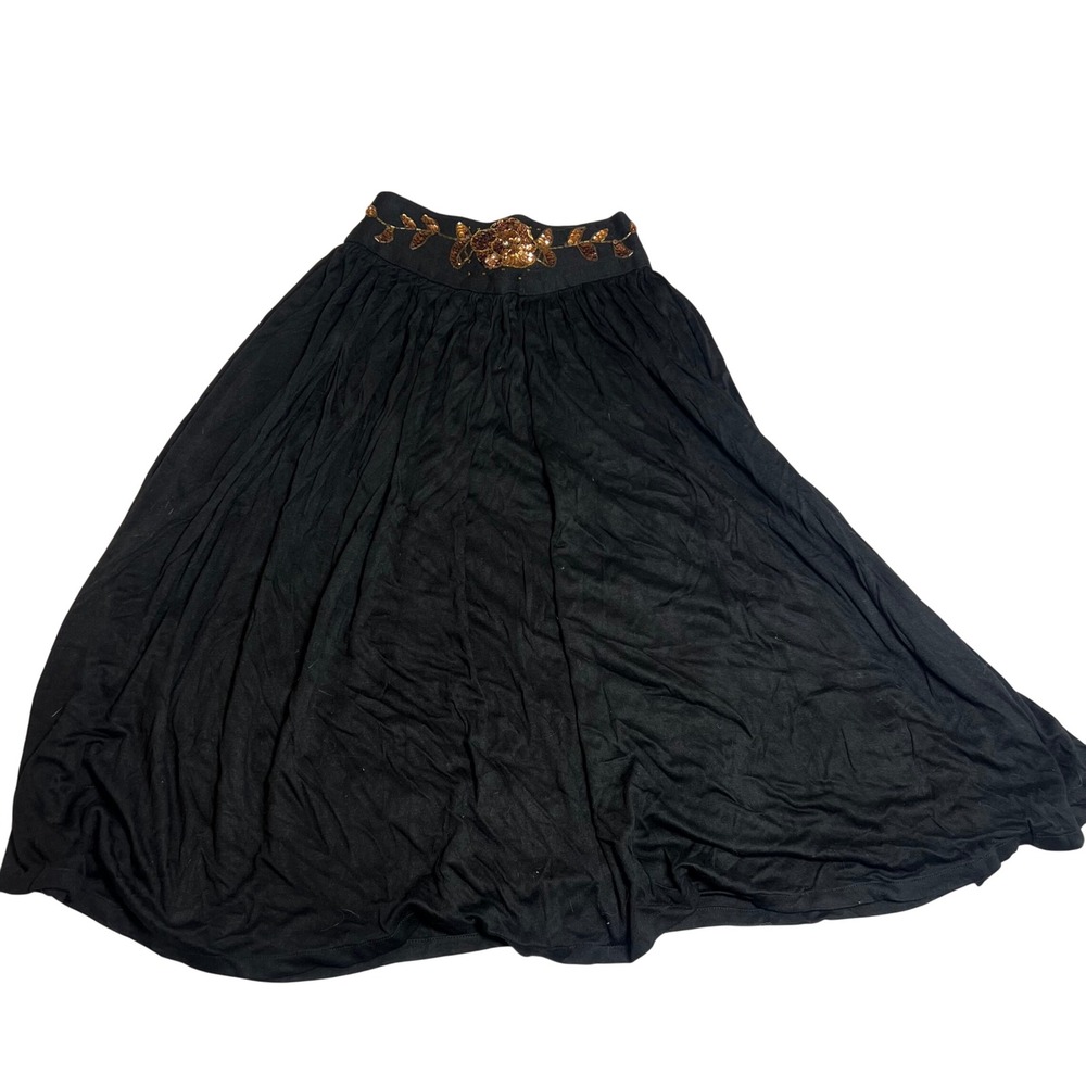 Tony Alamo of Nashville‎ Vintage Black Rayon Sequin Beaded Floral Maxi Skirt L
